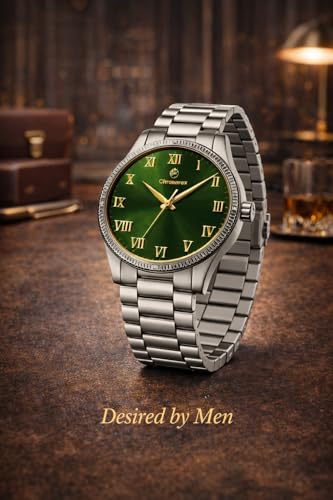 Image of Luxury Green Dial Watch for Men - Silver Stainless Steel Chain, Roman Numerals, Vastu & Astrology Recommended