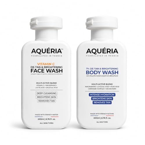 Aqueria De-Tan & Brightening Face & Body Care Combo | Vitamin C Face Wash (200ml) + Instant De-Tan Exfoliating Body Wash (200ml) | Helps Reduce , Pigmentation, Dark Spots & Uneven Skin Tone | Deep Cleansing & Gentle Exfoliation | For Men & Women