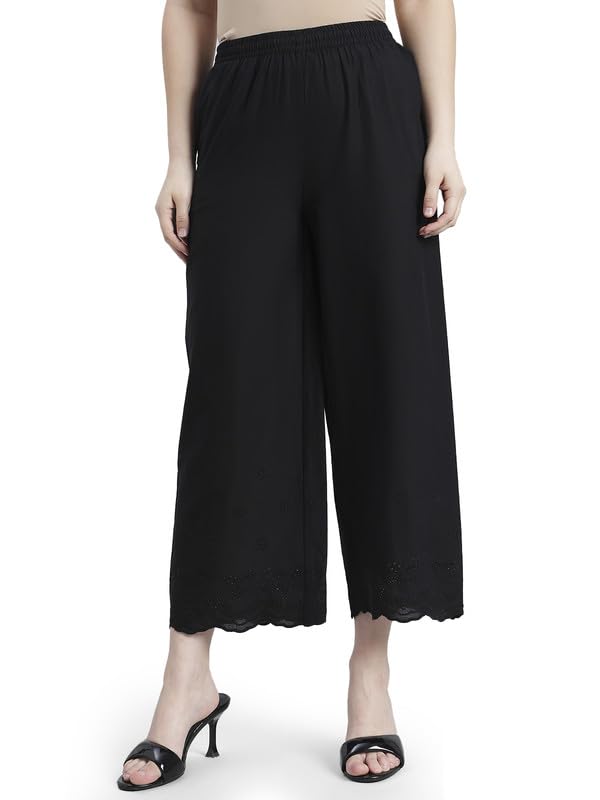 Image of GO COLORS Women Cotton Hakoba Wide Pant Ankle Length, Floral Embroidery, Relaxed Fit, Mid-Rise with Side Pocket