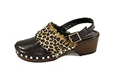  Silfer Shoes - Zoccolo in Pelle di Cavallino e Vero Legno, con Fibbia, Colore Leopardato (37)