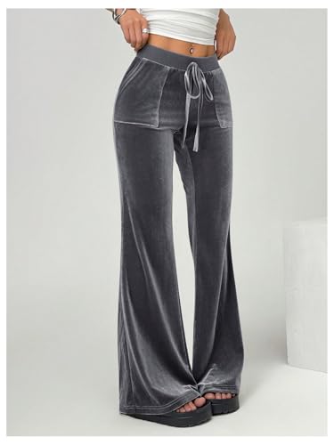 SOLY HUX Women's Drawstring Waist Bell Bottom Velvet Pants Y2k Vintage Flare Leg Trousers2
