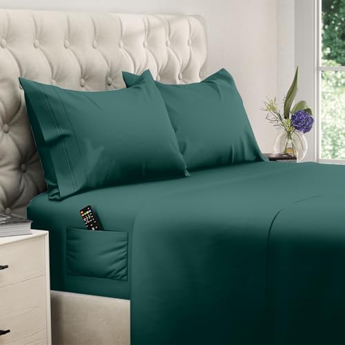Image of DREAMCARE Full Size Sheets - Cooling Sheets - 4pcs Set - up to 15 inch Deep Pocket Full Sheet Set - Sheets Full Size Bed - Soft & Long Lasting 100% Fine Brushed Polyester with Side Pocket - Emerald Green