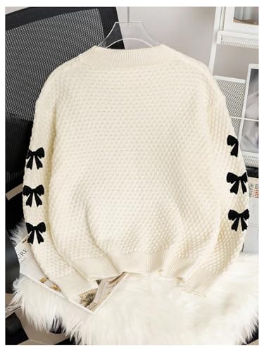 Image of BEAUDRM Girl's Bow Sweater Crew Neck Cute Sweaters Long Sleeve Knit Pullovers Sweater
