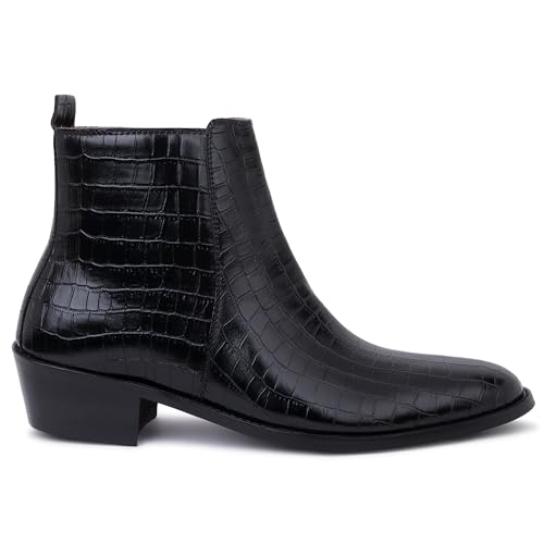 LOZANO Premium Croco Texture Chelsea Leather Boots for Men | High Ankle Cuban Heel Round Toe Zip Closure Cushioned Insole Boot