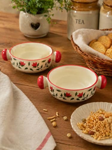 Image of Lupaava Handmade Ceramic Bowl Set of 2 | Printed Serving Bowls for Soup, Snacks, Dessert & Cereal | Microwave & Dishwasher Safe Kitchen Bowls (Multicolor) (Red)