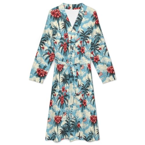 Palm Trees Hibiscus U.S. Flag Soft Robe Long Sleeve Bathrobes V Neck Sleepwear Spa Robes with Belt Men Woman3