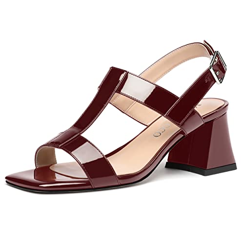 MODENCOCO Women's Strap Buckle Patent Slingback Dating Fashion Square Toe Chunky Low Heel Heeled Sandals 2 Inch