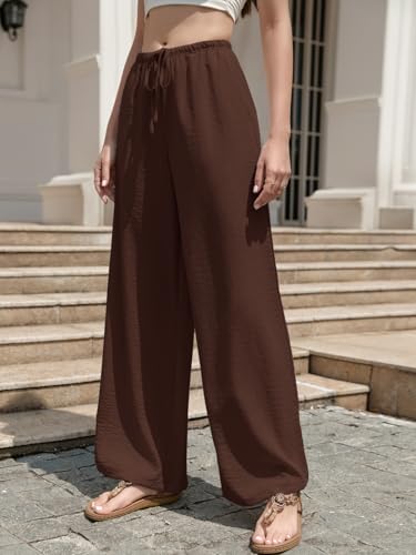 Women's Palazzo Pants: Summer Boho Flowy Wide Leg Pant - Drawstring Elastic Waist Beach Lounge Trousers with Pockets3