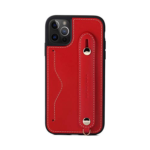 iPhone12/iPhone12 Pro ケース 本革 グリップケース レザー ストラップ付属 イタリア製牛革 ヌメ革 片手操作 カード収納 スタンド機能 メンズ レディース レッド CGH-12Pro-Red