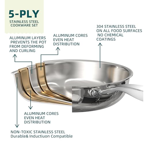 Image of Umite Chef Stainless Steel Cookware Set, 5 Ply 14 Piece Stainless Steel Pot and Pan Set-Induction, Heavy Chef Quality, Oven Safe | Professional Kitchen Cooking Appliances, PFOA, PTFE & PFOS Free