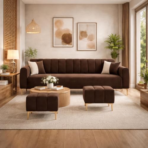 Image of Habibi 5 Seater L Shape Sofa Set with 2 Movable Ottomans | Flexible Layout | Rich Velvet Suede Fabric | Silver Legs | Modern Sofa for Living Room (Cream) (Dark Brown, Habibi)