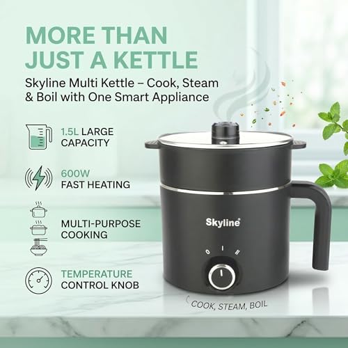 Image of Skyline Multi-Purpose Electric Kettle with Steamer and Egg Boiler, 1.5L, 600W, Temperature Control, VTL-9091 (Black)