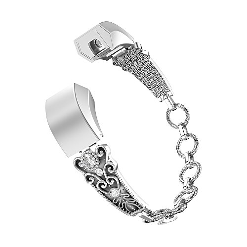 Metal Bands for Fitbit Alta/Fitbit Alta HR Replacement Accessory Bands with Bling Rhinestone Wristband Straps for Fitbit Alta/Alta HR (Retro Pattern-Silver)