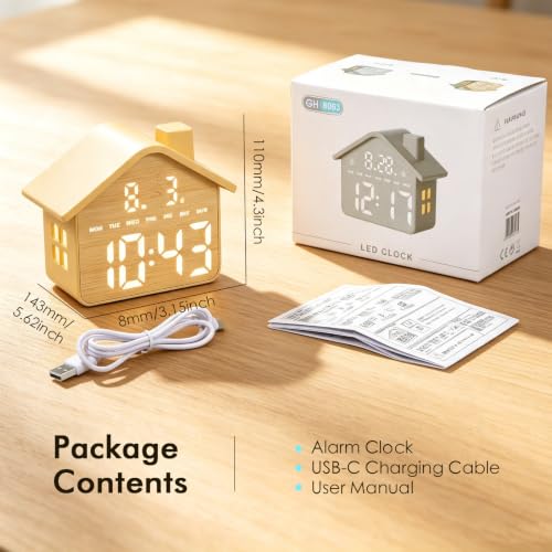 Yaskyly Réveil Numérique LED, Horloge Numérique en Forme de Maison Alimentation USB/par Piles Horloge Digitale avec Double Alarme Fonction Snooze 4 Niveaux de luminosité contrôle du Volume sonore – vue 8