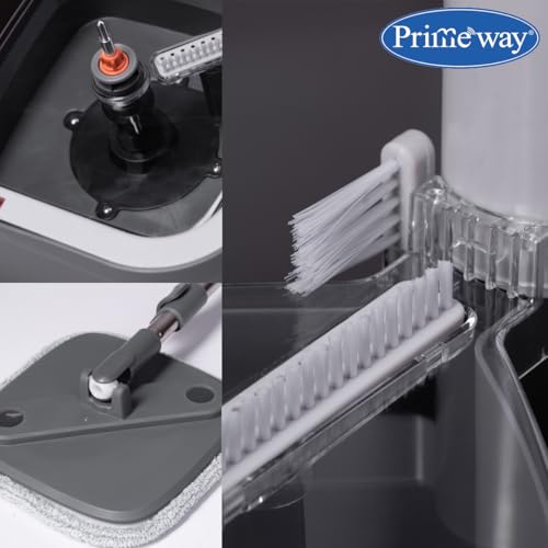 Image of Primeway Spin Mop & Bucket System | Dual Compartment Design for Clean & Dirty Water | 360 Swivel Mop Head | Built-in Scrubbing Brush, 128cm Hydraulic Handle & 22cm Sq Microfiber Pads | 3 LTR | Grey