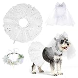 BINGPET Small Dog Wedding Outfit Dress, Dog Engagement Flower Collar and Crown Veil Set for Girl Dogs, Puppy Wedding Attire Bride Birthday Party Costume for Kittens, Pet Photo Prop, White Star