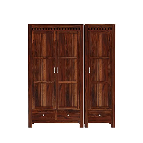 Image of WOODLAB Furniture Sheesham Wood 3 Door Wardrobe Storage with 3 Drawers Wooden Multipurpose Almirah for Home Living Room - Natural Finish