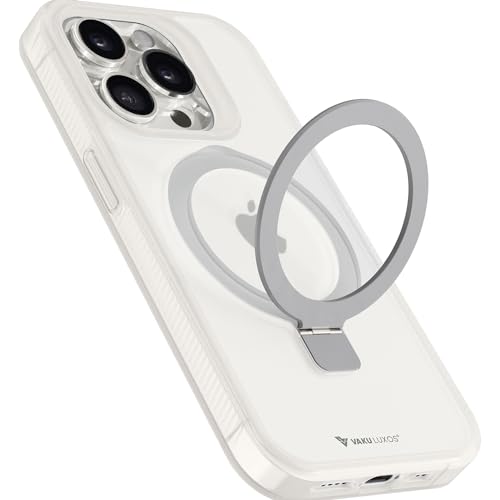 Image of Vaku Luxos Astros Magpro Back Cover Case for iPhone 15 Pro Max with Magnetic Alloy Ring Metal Kickstand Scratch Resistant Slim Thin Military-Grade Protection Compatible with MagSafe - White