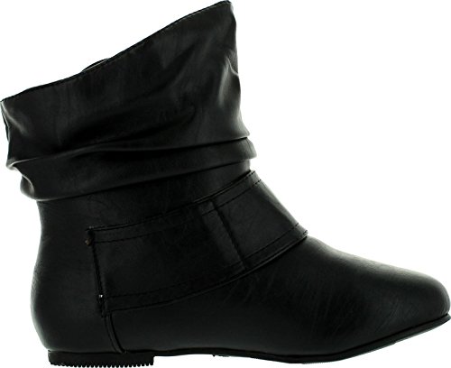 TOP Moda Women's Ankle Booties Buckle Mid Calf Buckle Slouch Flat Heel Strap Fashion Shoes, Black PU New, 72
