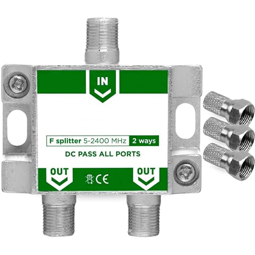 Repartidor de 2 Salidas, Distribuidor 2 Salidas, Repartidor Serie Class A, 5-2400 MHz, Apto para Bandas de frecuencia Dab, FI, FM, UHF, VHF, Incluye 3 Conectores F, 2 Salidas