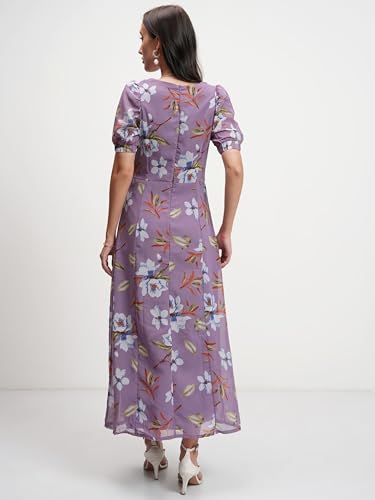 Image of Tokyo Talkies Women's Elegant Floral | A-Line Midi Dress | Sweetheart Neck | Short Sleeves |Front Slit & Gathered Detail