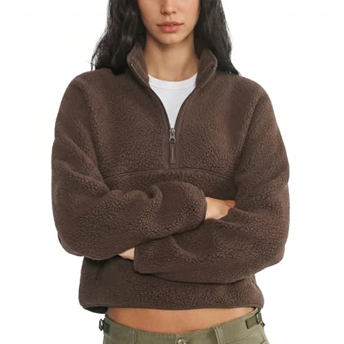 Yioaga Fleece Sweatshirts for Women Cropped Long Sleeve Half Zip Pullover Sherpa Jacket Warm Fuzzy Coats with Pockets(Brown,L)
