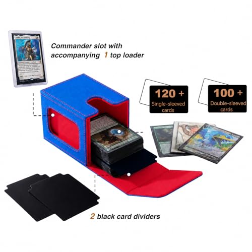 Image of Venssu MTG Deck Box for Commander Display,Card Deck Box Fits 100 Double Sleeved Cards,TCG with 2 Dividers and 1 Toploader (Blue and Red)