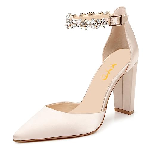 XYD Women Crystal Ankle Strap Pointed Closed Toe Block Heels D'Orsay Pumps Ladies Brides Evening Dress Wedding Shoes
