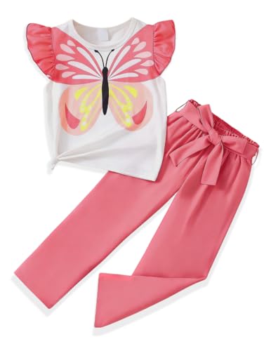 Image of Toddler Kid Girl Clothes Casual Ruffle Sleeve Floral Printed Top Solid Pants with Belt 3PC Outfit Set