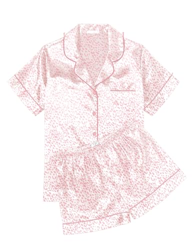 Image of Ekouaer Womens Silk Satin Pajama Sets Soft Short Sleeve Button Down Sleepwear Top and Shorts 2 Piece Pjs Lounge Set