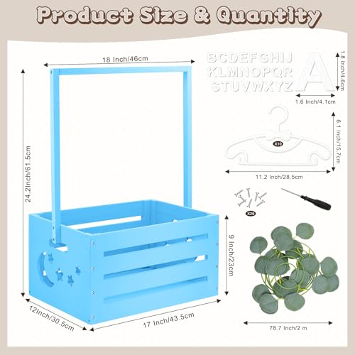 Image of Wooden Baby Shower Crate Closet, Baby Shower Basket with Handle & Rack Hangers & Garland & Letter Cards Wooden Crate for Baby Shower Gifts Toy Storage Box Welcome Newborn Parents Party - Blue
