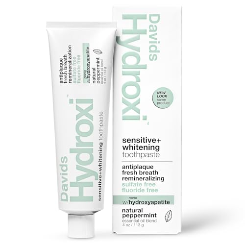 Davids Hydroxi Fluoride Free Nano Hydroxyapatite Toothpaste for Remineralizing Enamel & Sensitive Relief, Whitening, Antiplaque, SLS Free, Natural Peppermint, 4 oz, Made in USA