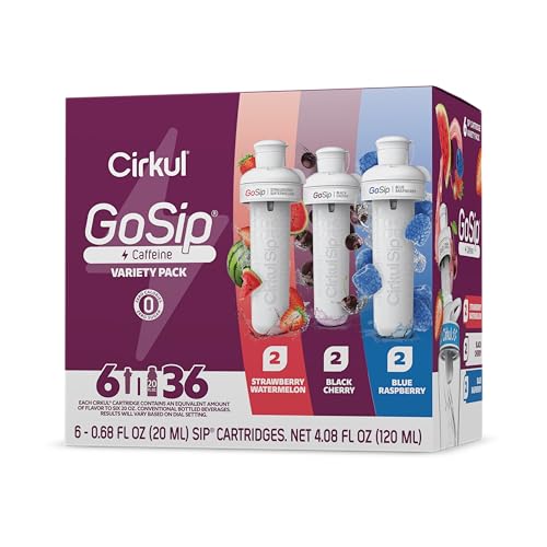 Cirkul GoSip Caffeine Flavor Water Variety Pack, Makes 36 Drinks, No Sugar, Zero Calorie Drink Mix, (2 Blue Raspberry, 2 Black Cherry, 2 Strawberry Watermelon)