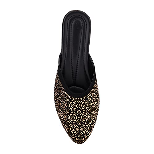 Image of Bellies for Women |Slip on Juttis Soft Padded |Stonework Mules for Ladies| Sparkling Upper |Back Open Casual Flats| Stylish Footwear Sandals for Ladies|Punjabi Mojari Half Shoes
