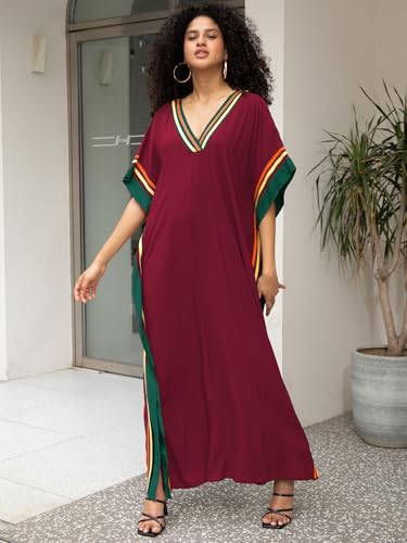 Image of KECVOT Kaftan Dresses for Women V-Neck Print Swimsuit Cover Up Plus Size Beach Caftan Lounge Dress