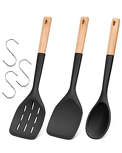 Badiano Pack of 3 Silicone Spatula, Non Stick Cooking Utensil Set, Wooden Handle Kitchen Turner for Baking Mixing Grilling Serving Food Heat Resistant, Black
