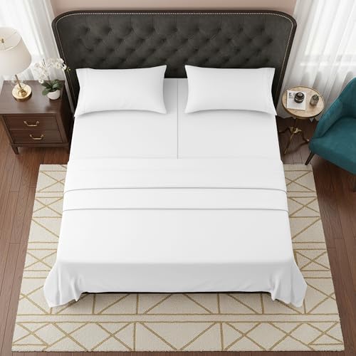 Image of Elegant Comfort Luxurious 1500 Premium Hotel Quality Microfiber Three Line Embroidered Softest 5-Piece Bed Sheet Set, Wrinkle and Fade Resistant, Split King, White
