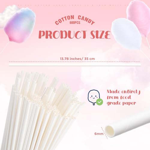 Honeydak 600 Pcs Cotton Candy Cones 13.8 Inch White Cotton Candy Sticks for Sugar Making Supplies White Holder Sticks for Birthday Parties Festivals