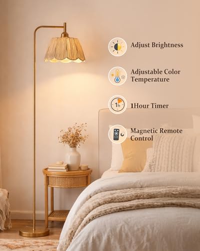Image of JOOFO Boho Brushed Gold Floor Lamp with Remote, Flower-Inspired Shade | Pre-Assembled Shade, Stepless Dimming, 3 Color Temperatures, LED Bulb Included, Ambient Lighting for Living Room & Bedroom