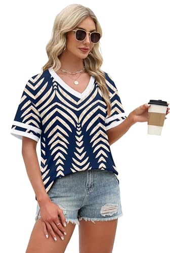 Image of WIHOLL Womens T Shirts Loose Fit Short Sleeve Tees V Neck Color Block Summer Tops 2026 Fashion S-4XL