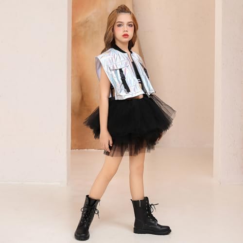 Image of Perfashion Girls Vest Cropped Cargo Metallic Jacket Buckle Zip Up With Pockets Streetwear Outfit 4-13Y