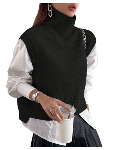 Image of OYOANGLE Women's High Neck Sleeveless Crop Sweater Vest High Low Hem Knitted Pullover Tank Tops