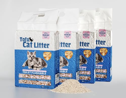 FEELING BEST Tofu Cat Litter 22.4LB(5.6LB*4 Bags) Fast Clumping, Dust-Free,100% Natrual Raw Materials, Clumping,Flushable,Ultra Absorbent and Fast Drying,Solubility in Water,Really,Less Scattering