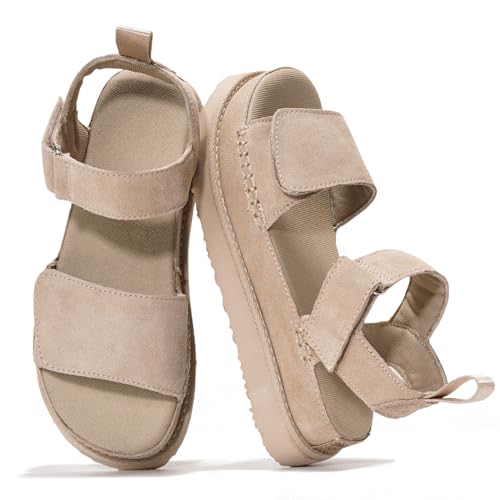 Project Cloud Genuine Leather Platform Sandals Women - Memory Foam Insole Slip Resistant Chunky Womens Sandals with adjustable straps - Stylish Women Footwear (Bronzestar, WHEATSDE,8)