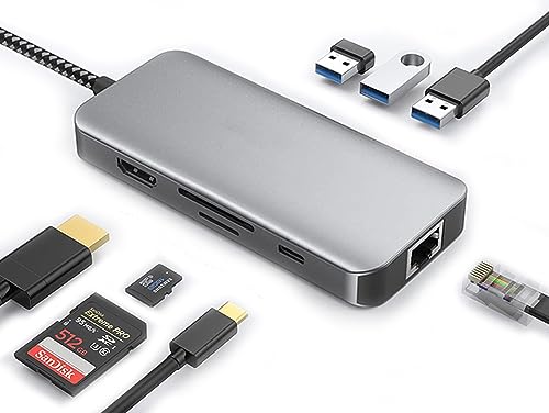 ECVV 8 in1 USB C Hub Multiport Adapter 4K HDMI Adapter/100Mbps Ethernet Port/PD Charging/USB 3.0 & USB 2.0 port/SD & TF Card Reader for Laptop and Type C Devices