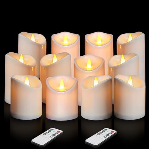 Image of Flameless Candles 4 inch 5 inch 6 inch Outdoor Indoor Pillars Battery Operated Flickering Candles Include 10-Key Remote Timer 400+ Hours by 2 AA Batteries (White Candle - Warm light, 3 inchD x 4 inch|5 inch|6 inch H - 12 Pack)