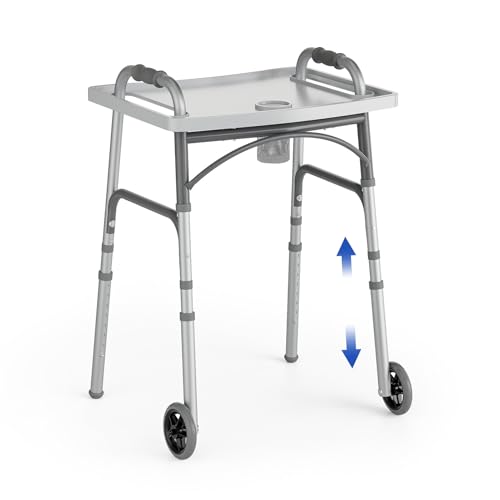 Image of Loyoda Folding Walker with Tray for Seniors, Walker with 5 inch Front Wheels | Lightweight Aluminum 2-Wheel Walker, Height Adjustable Standard Walkers, 350 lbs