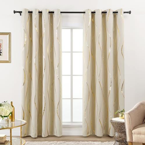 L.Z.E Gardinen Vorhang Verdunklung für Schlafzimmer Wohnzimmer, Creme Gardine Vorhänge mit Gold...