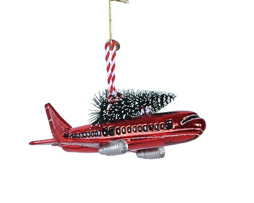 Kaemingk Christbaumschmuck Glas 15cm Flugzeug mit Tannenbaum...