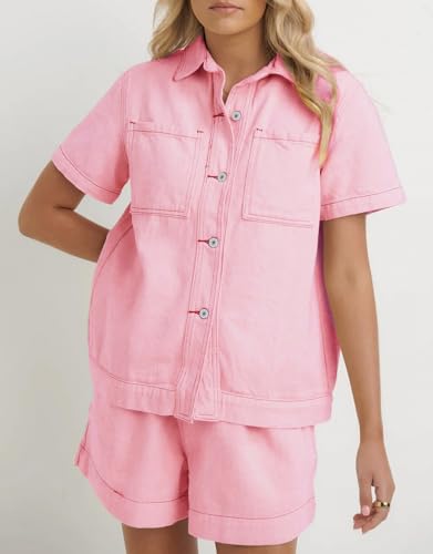 Image of Kedera Summer Denim Set for Women 2 piece Casual Short Sleeve Boxy Shirt Tops and Shorts Pants Lounge Sets Outfits